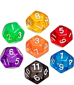 Dobbelstenen 12-zijdig transparant, 7 stuks