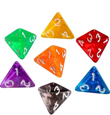 Dobbelstenen 4-zijdig transparant, 7 stuks