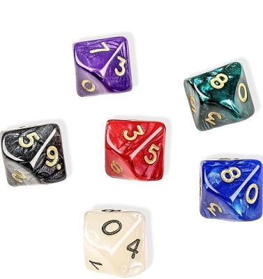 Dobbelstenen 10-zijdig pearl, 6 stuks