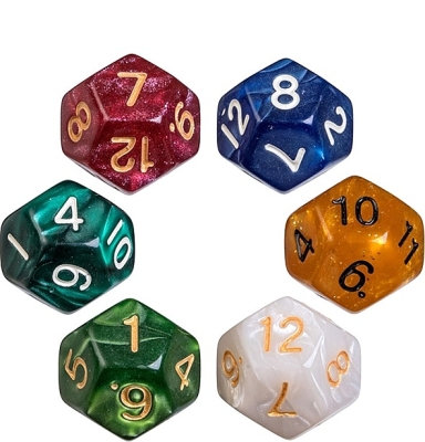 Dobbelstenen 12-zijdig pearl, 6 stuks