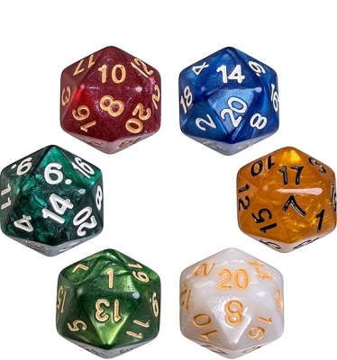 Dobbelstenen 20-zijdig pearl, 6 stuks