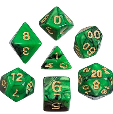Dobbelstenen oblivion groen, 7 stuks in acrylbox