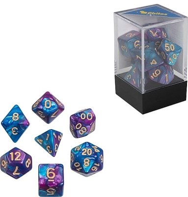 Dobbelstenen oblivion blauw, 7 stuks in acrylbox
